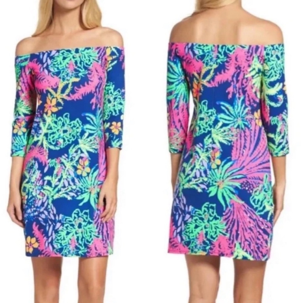 Lilly Pulitzer Laurana Off The Shoulder Floral Dress Blue Indigo All A‎ Glow XS